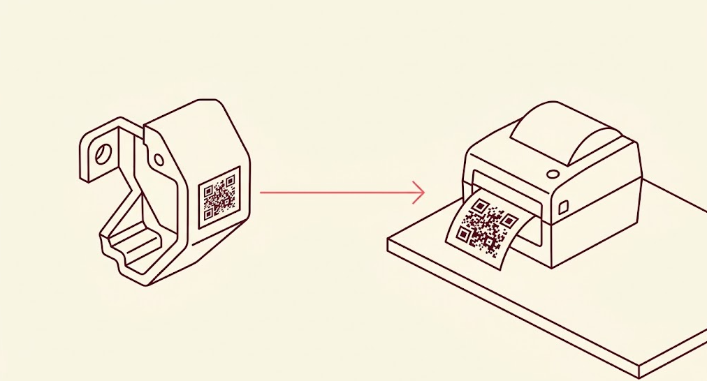 A QR code label on a part and the same label coming out of a printer